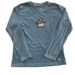 Life is Good Kids Shirt 10 Snowman Long Sleeve Top Blue Guitar Shovel Snow